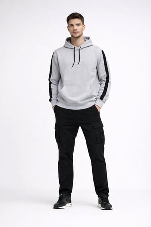 Erkek Şeritli Kapüşonlu Oversize Sweatshirt  iplik Pamuklu hoodie - Beyaz