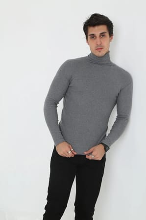 Erkek Fitilli Kaşkorse Kumaş Boğazlı Full Likralı Slimfit Body - Füme