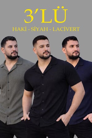 Erkek Waffle Kumaş Yakalı Kısa Kol Düğmeli Gömlek 3’lü Set Siyah-Haki-Lacivert