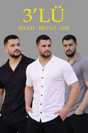 Erkek Waffle Kumaş Yazlık Yakalı Kısa Kol Düğmeli Gömlek ’lü Set Siyah-Beyaz-Gri