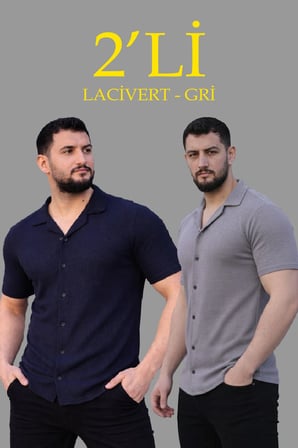 Erkek Waffle Kumaş Açık Yakalı Düğmeli Regular Fit Gömlek ’li Set Lacivert-Gri