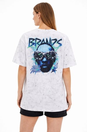 Kadın Asit Yıkamalı Oversize Tişört Bisiklet Yaka Kısa Kol T-shirt - Beyaz