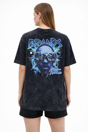 Kadın Asit Yıkamalı Oversize Tişört Bisiklet Yaka Kısa Kol T-shirt - Siyah