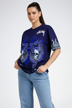 Kadın Oversize Tişört Dragon & Kuru Kafa Baskılı Bisiklet Yaka T-Shirt - Lacivert