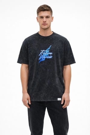 Erkek Asit Yıkamalı Oversize Tişört Bisiklet Yaka Kısa Kol T-shirt - Siyah