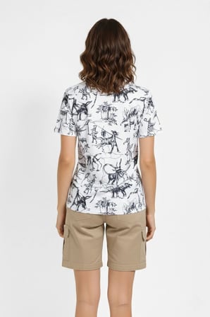 Kadın Dinozor Dijıtal ön ve arka Baskılı Tişört Bisiklet Yaka T-Shirt - Beyaz