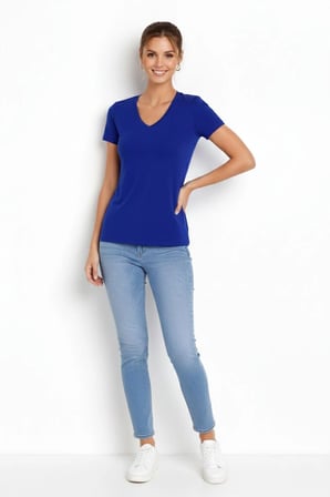 Kadın T-Shirt V Yaka Slim Fit Likralı Tişört Yazlık Basic Body - İndigo