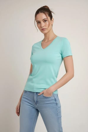 Kadın T-Shirt V Yaka Slim Fit Likralı Tişört Yazlık Basic Body - Turkuvaz