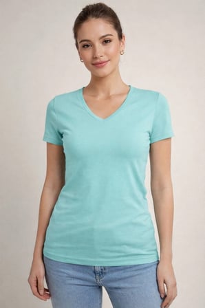 Kadın T-Shirt V Yaka Slim Fit Likralı Tişört Yazlık Basic Body - Turkuvaz
