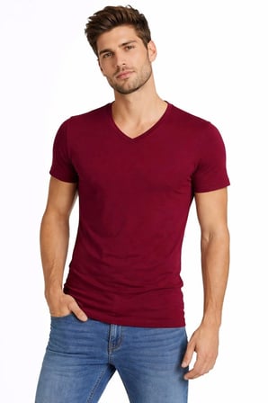 Erkek Body T-shirt V Yaka Slim Fit Likralı Kısa kol Tişört - Bordo