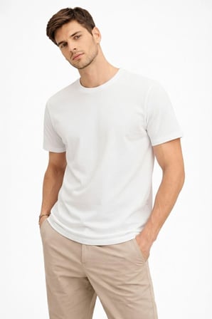Erkek Bisiklet Yaka Yazlık Kısa kol Düz Tişört Regular Kalıp T-shirt - Beyaz