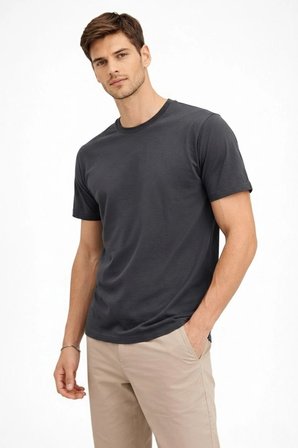 Erkek Bisiklet Yaka Yazlık Kısa kol Düz Tişört Regular Kalıp T-shirt - Füme