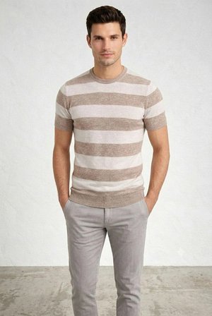 Erkek T-shirt Çizgili Triko  Kısa Kol Yazlık Dokuma Bisiklet Yaka Tişört - Bej