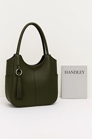 Lüks Şık Deri El ve Omuz Çantası Püsküllü