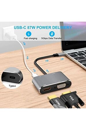TYPE-C 4 İN 1 HUB ÇOĞALTICI VGA-HDMI-USB-TYPE-C HUB ÇOĞALTICI Macbook Uyumlu Type-c To Usb 3.0 1080p 4k Hdmı Vga Pd Aux Ses Girişli Çevirici Adaptör