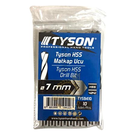 Kupa Tyson Metal Ahşap Delici HSS Matkap Ucu 7.0 mm. - 10 Adet