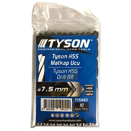 Kupa Tyson Metal Ahşap Delici HSS Matkap Ucu 7.5 mm. - 10 Adet