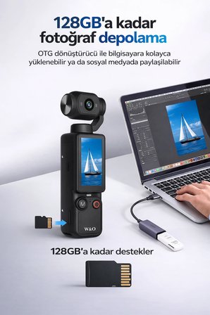 Taşınabilir 4K Vlog Kamerası | 180° Dönebilen Lens | 1.9" IPS Ekran | 2000mAh Batarya | 128GB Hafıza Kartı Destekli
