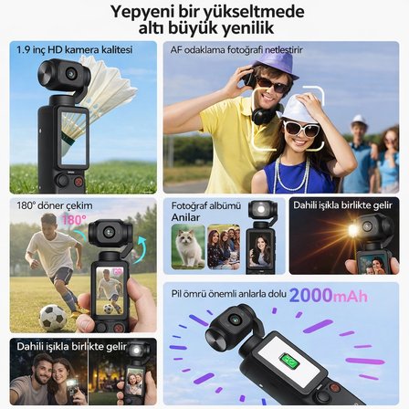 Taşınabilir 4K Vlog Kamerası | 180° Dönebilen Lens | 1.9" IPS Ekran | 2000mAh Batarya | 128GB Hafıza Kartı Destekli