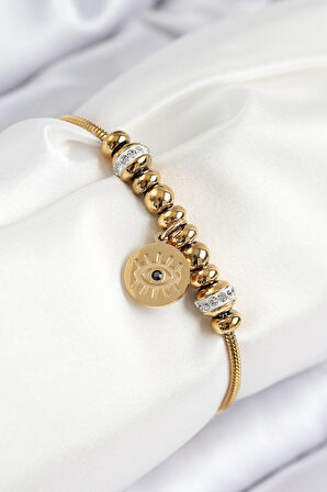 316L Çelik Zirkon Taşlı Göz Charm Model Gold Renk Kadın Bileklik - TJ-BB7842