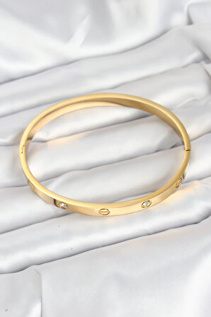 316L Çelik Gold Renk Zirkon Taşlı 65 mm Kadın Kelepçe Bileklik - TJ-BB7911