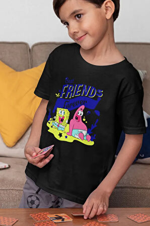 Best Friends Forever Yazılı Süngerbob Ve Patrick Baskılı Unisex Çizgi Film Çocuk Tişört (1-12 YAŞ)