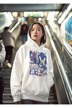 Sonic Lets Go Baskılı Unisex Oversize Çizgi Film Hoodie
