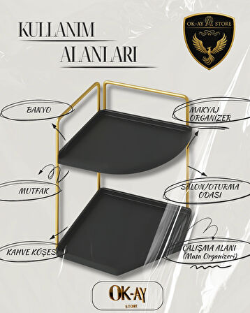 Dekoratif 2 Katlı Raf | Çok Amaçlı Organizer Paslanmaz Çelik & Ahşap Stand – Salon, Mutfak, Banyo, Çalışma Alanı İçin