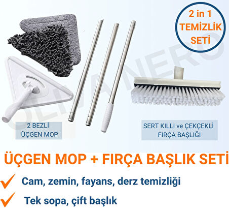 2'si 1 Arada Mop & Fırça Başlık Seti – Zemin ve Cam Temizliği - Yedek Bezli Üçgen Mop - Çekçekli Fırça