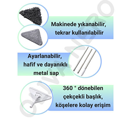2'si 1 Arada Mop & Fırça Başlık Seti – Zemin ve Cam Temizliği - Yedek Bezli Üçgen Mop - Çekçekli Fırça