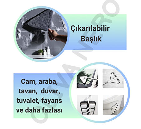 2'si 1 Arada Mop & Fırça Başlık Seti – Zemin ve Cam Temizliği - Yedek Bezli Üçgen Mop - Çekçekli Fırça