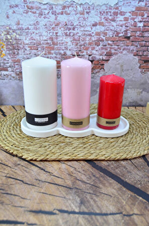 Üç Bölmeli Taş Tozu Dekoratif Tepsi Mumluk Sunum 