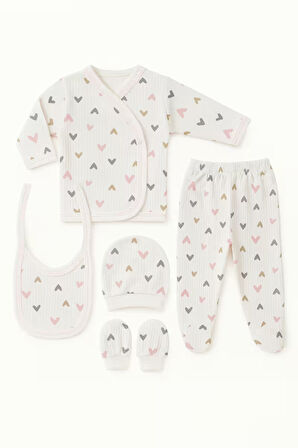 %100 Pamuklu 5 Parça Hastane Çıkışı Seti – Bebek Zıbın Takımı, Şapka, Önlük, Eldiven