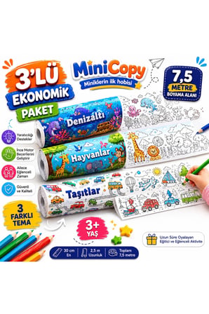MiniCopy 3’lü Dev Boyama Kağıdı Seti – 7,5 Metre Eğlence – 3 Farklı Tema (Deniz-Orman-Taşıt) – Çocuk Aktivite Rulosu