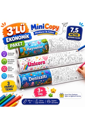 MiniCopy 3’lü Dev Boyama Kağıdı Seti – 7,5 Metre Eğlence – 3 Farklı Tema (Deniz-Orman-Unicorn) – Çocuk Aktivite Rulosu
