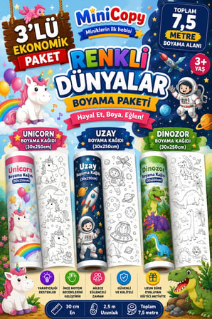 MiniCopy 3’lü Dev Boyama Kağıdı Seti – 7,5 Metre Eğlence – 3 Farklı Tema (Dinazor-Uzay-Unicorn)