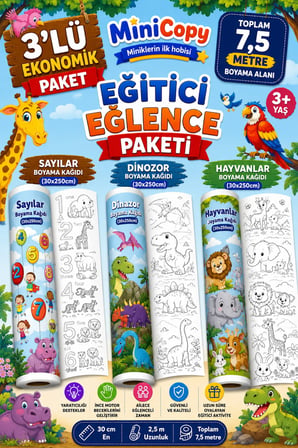 MiniCopy 3’lü Dev Boyama Kağıdı Seti – 7,5 Metre Eğlence – 3 Farklı Tema (Sayılar-Dinazor-Orman)