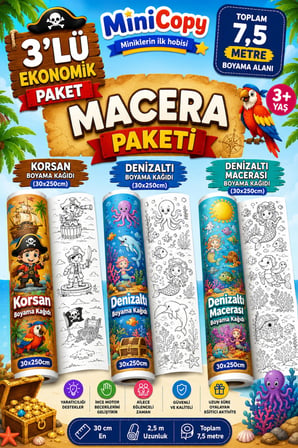 MiniCopy 3’lü Dev Boyama Kağıdı Seti – 7,5 Metre Eğlence – 3 Farklı Tema (Deniz-Deniz Macerası-Korsan)