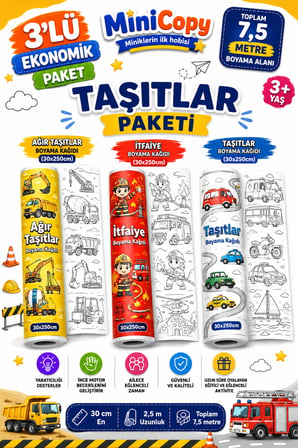 MiniCopy 3’lü Dev Boyama Kağıdı Seti – 7,5 Metre Eğlence – 3 Farklı Tema (Taşıt-Ağır Taşıt-İtfaiye)