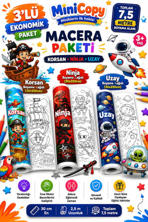 MiniCopy 3’lü Dev Boyama Kağıdı Seti – 7,5 Metre Eğlence – 3 Farklı Tema (Korsan-Ninja-Uzay)