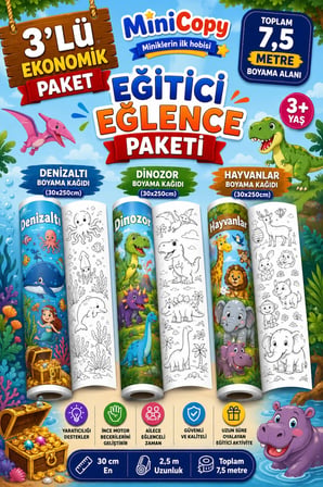 MiniCopy 3’lü Dev Boyama Kağıdı Seti – 7,5 Metre Eğlence – 3 Farklı Tema (Deniz-Orman-Dinazor)