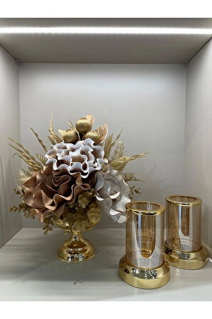 Yapay Çiçekli 3 Parça Set Gold No:4