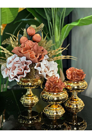 Yapay Çiçekli 3 Parça Set Gold No:5