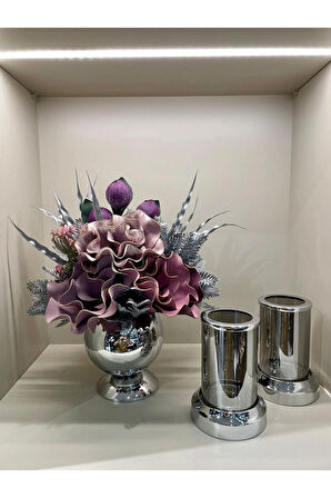Yapay Çiçekli 3 Parça Set Gümüş No:6