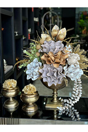 Yapay Çiçekli Antik Kare Ayak Vazo 3 Parça Set No:1