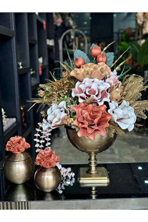 Yapay Çiçekli Antik Kare Ayak Vazo 3 Parça Set No:5