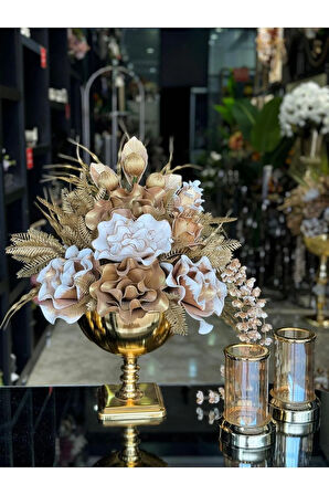 Yapay Çiçekli Gold Kare Ayak Vazo 3 Parça Set No:11