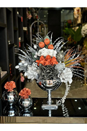 Yapay Çiçekli Gümüş Kare Ayak Vazo 3 Parça Set No:1