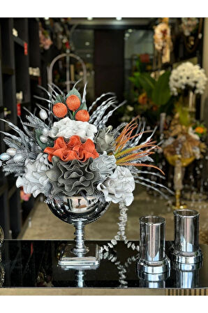 Yapay Çiçekli Gümüş Kare Ayak Vazo 3 Parça Set No:6