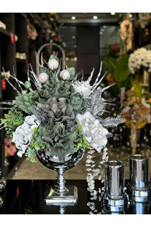 Yapay Çiçekli Gümüş Kare Ayak Vazo 3 Parça Set No:9